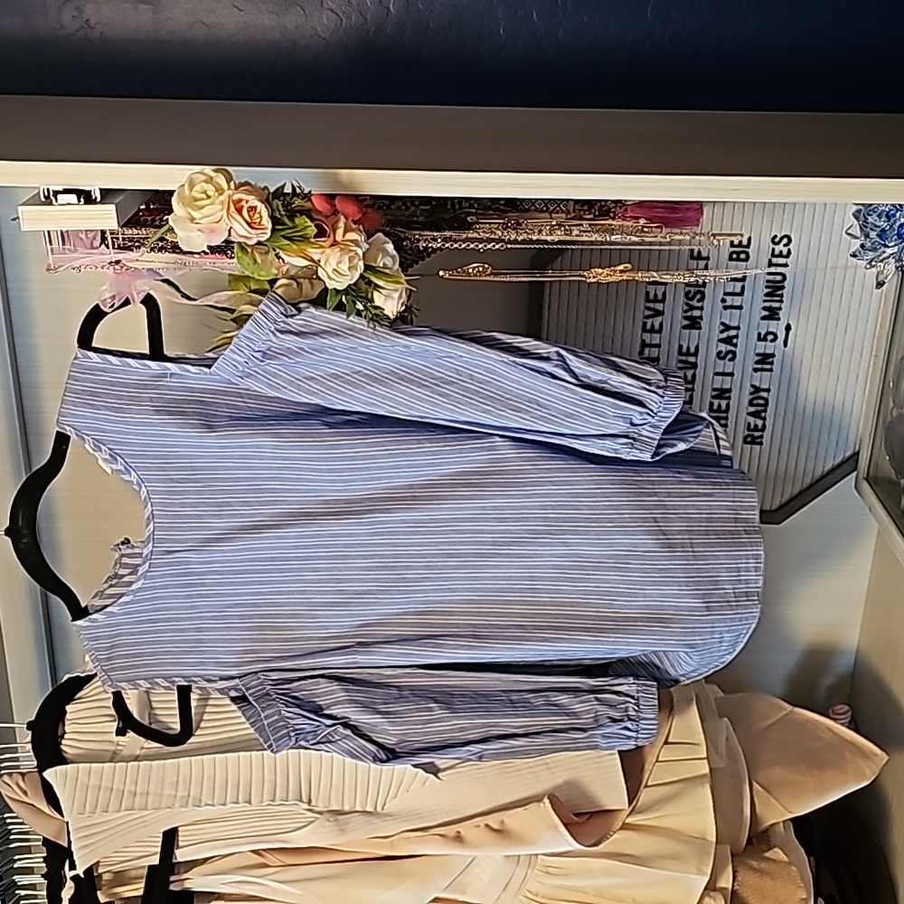 Pinstripe cold shoulder blouse